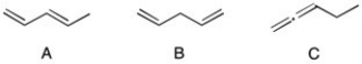 Rank the following compounds in order of increasing heats of hydrogenation. (The smallest ΔH is first.)    A)  A < B < C B)  C < B < A C)  C < A < B D)  A < C < B