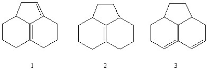 Which sequence correctly ranks the following conjugated systems in order of increasing UV λ<sub>max</sub> absorption values?   A)  1 < 2 < 3 B)  2 < 1 < 3 C)  2 < 3 < 1 D)  3 < 1 < 2 E)  3 < 2 < 1