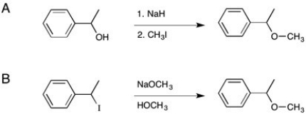 In the formation of the following ether, which reaction is preferred and why?   A)  Reaction B is preferred because the oxidation step works best for primary alcohols. B)  Reaction A is preferred over reaction B because the smaller methyl iodide would make a better nucleophilic target. C)  Reaction A is preferred because the the formation of the carbocation would be stabilized in the benzylic position. D)  Reaction B would be preferred because Iodine is a better leaving group for the S<sub>N</sub>1 reaction. E)  There is no difference in these two reactions - they would give approximately the same yields.