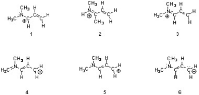 Structures ________, shown below, are resonance structures, and structure ________ is the major contributor to the overall resonance hybrid.   A)  2 & 4; 2 B)  1, 3 & 5; 3 C)  4 & 6; 6 D)  1, 3 & 5; 1 E)  1, 3, 4 & 5; 3