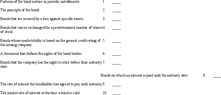 Match each of the following bond classifications (a-h) with the appropriate characteristic (1-8) by entering the appropriate letter in the space provided.    