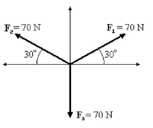 <strong>FIGURE 3-3 Refer to Figure 3-3. Three forces <sub>1</sub> = <sub>2</sub>= <sub>3</sub>= 70 N are acting on an object O as shown in the figure. Which one of the following statements is true regarding the resultant force acting over the object O?</strong> A) The resultant force is 35 N. B) The resultant force is 70 N. C) The resultant force is 140 N. D) The resultant force is 210 N. E) The resultant force is zero.