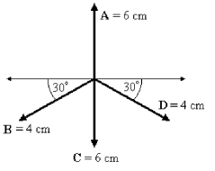 <strong>FIGURE 3-5 Refer to Figure 3-5. The sum of these vectors is given by</strong> A) 4.0 cm along +x-axis. B) 4.0 cm along -x-axis. C) 4.0 cm along +y-axis. D) 4.0 cm along -y-axis. E) 4.0 cm 45° above +x-axis.