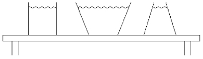 FIGURE 15-1   -Each of the three containers shown in Figure 15-1 weighs the same amount and is filled with water to the same level. All three have the same surface area in contact with the table. Which of the following statements are true? I. The pressure at the bottom surface of the container is the same for all three containers. II. The force exerted by the water on the bottom surface of the container is the same For all three containers. III. The force exerted by the container on the table is the same for all three containers. A)  Statements I, II, and III are true. B)  Only Statements I and II are true. C)  Only Statements II and III are true. D)  Only Statements I and III are true. E)  None of the statements are true. 