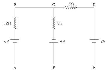 FIGURE 21-1   -Identify the junction nodes in the circuit shown in Figure 21-1. A)  A and B B)  D and E C)  A and E D)  C and F E)  E and F