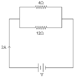 FIGURE 21-3   -A 4-Ω resistor is connected in parallel with a 12-Ω resistor and this combination is connected to a DC power supply with voltage V as shown in Figure 21-3. If the total current in this circuit is 2 A, what is the value of voltage V? A)  2 V B)  3 V C)  6 V D)  1.5 V E)  None of the other answers is correct. 