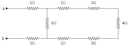 FIGURE 21-13   -A number of resistors are connected across points A and B as shown in Figure 21-13. What is the equivalent resistance between points A and B? A)  4 Ω B)  6 Ω C)  8 Ω D)  10 Ω E)  12 Ω