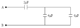 FIGURE 21-17   -Three capacitors are connected as shown in Figure 21-17. What is the equivalent capacitance between points A and B? A)  1.7 μF B)  4.0 μC C)  7.1 μF D)  12 μF E)  8.0 μF