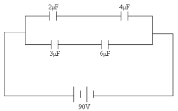 FIGURE 21-18   -A 2.0 μF and a 4.0 μF capacitor are connected in series across an 8.0-V DC source. What is the charge on the 2.0 μF capacitor? A)  2.0 μC B)  4.0 μC C)  12 μC D)  11 μC E)  25 μC