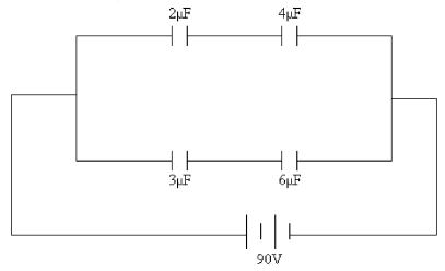 FIGURE 21-19   -Four capacitors are connected across a 90-V DC as shown in Figure 21-19. What is the voltage across the 6-μF capacitor? A)  10 V B)  20 V C)  30 V D)  60 V E)  90 V