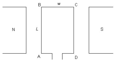 FIGURE 22-2   -A rectangular coil, with corners labeled ABCD, of length L and width w is placed in a magnetic field B as shown in Figure 22-2. If there is no current flowing through the coil, what is the force acting on section AB of the coil? A)  ILB sinθ B)  ILB cos θ C)  ILB D)  0 N E)  None of the other answers is correct. 