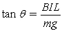 FIGURE 22-5 -A metal bar of mass m and length L is suspended from two conducting wires, as shown in the sketch in Figure 22-5. A uniform magnetic field points vertically downward. Choose the expression that best describes the condition satisfied by the angle θ that the suspending wires make with the vertical when the bar carries a current I. A) B) C) D) E)