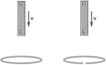 FIGURE 23-2   -The two identical bar magnets in Figure 23-2 are dropped from rest along a vertical line passing through the center of the rings, as shown. The two rings are identical in every respect except that the ring on the right has a small break in it. Calling a<sub>L</sub> and a<sub>R</sub> the magnitude of the downward accelerations of the magnets on the left and right, respectively, you observe that A)  a<sub>L</sub> = a<sub>R</sub>. B)  a<sub>L</sub> > a<sub>R</sub>. C)  a<sub>L</sub> < a<sub>R</sub>. D)  It is not possible to predict the outcome of this experiment with the data given.