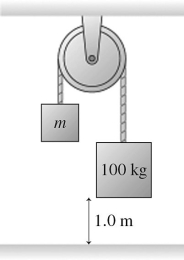 The figure shows a 100-kg block being released from rest from a height of 1.0 m.It then takes 0.53 s for it to reach the floor.What is the mass m of the block on the left? There is no friction or mass in the pulley,and the connecting rope is very light.   A) 16 kg B) 14 kg C) 13 kg D) 11 kg