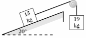 A 15-kg block is on a frictionless ramp that is inclined at 20° above the horizontal.It is connected by a very light string over an ideal pulley at the top edge of the ramp to a hanging 19-kg block,as shown in the figure.The string pulls on the 15-kg block parallel to the surface of the ramp.Find the magnitude of the acceleration of the 19-kg block after the system is gently released?   A) 4.0 m/s<sup>2</sup> B) 3.8 m/s<sup>2</sup> C) 4.2 m/s<sup>2</sup> D) 4.5 m/s<sup>2</sup>