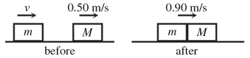 A block of mass m = 34 kg and speed V is behind a block of mass M = 81 kg and speed of   As shown in the figure.The surface is frictionless and the blocks collide and couple.After the collision,the blocks have a common speed of   What is the magnitude of the impulse on the 34-kg block due to the collision?   A) 32 N ∙ s B) 14 N ∙ s C) 41 N ∙ s D) 57 N ∙ s E) 73 N ∙ s