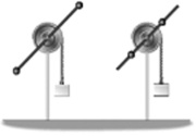 The rotating systems shown in the figure differ only in that the two identical movable masses are positioned a distance r from the axis of rotation (left) ,or a distance r/2 from the axis of rotation (right) .If you release the hanging blocks simultaneously from rest,   A) the block at the left lands first. B) the block at the right lands first. C) both blocks land at the same time.