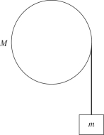 A cinder block of mass m = 4.0 kg is hung from a nylon string that is wrapped around a frictionless pulley having the shape of a cylindrical shell,as shown in the figure.If the cinder block accelerates downward at 4.90 m/s<sup>2</sup> when it is released,what is the mass M of the pulley?   A) 2.0 kg B) 4.0 kg C) 6.0 kg D) 8.0 kg E) 10 kg