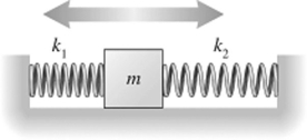 A 2.0-kg block on a frictionless table is connected to two springs whose opposite ends are fixed to walls,as shown in the figure.The springs have force constants (spring constants) k<sub>1</sub> and k<sub>2</sub>.What is the oscillation angular frequency of the block if  k<sub>1 </sub>=7.6 N/ m And  k<sub>2</sub>=5.0 N/m?    A) 2.5 rad/s B) 3.5 rad/s C) 0.40 rad/s D) 0.56 rad/s
