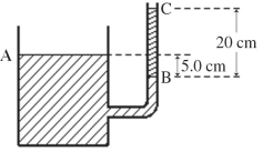 A container has a vertical tube,whose inner radius is 12.00 mm,connected to it at its side,as shown in the figure.An unknown liquid reaches level A in the container and level B in the tube-level A being 5.0 cm higher than level B.The liquid supports a 20-cm high column of oil,between levels B and C,whose density is   The gauge pressure at level B is closest to   A) 630 Pa. B) 310 Pa. C) 470 Pa. D) 790 Pa. E) 940 Pa.