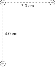 The figure shows a group of three particles,all of which have charge Q = 8.8 nC.How much work did it take to assemble this group of charges if they all started out extremely far from each other? (k = 1/4πε<sub>0</sub>     A) 5.5 × 10<sup>-5</sup> J B) 6.2 × 10<sup>-5</sup> J C) 5.7 × 10<sup>-5</sup> J D) 5.9 × 10<sup>-5</sup> J