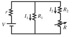 <strong>In the circuit shown in the figure,the resistor R has a variable resistance.As R is decreased,what happens to the currents? </strong> A)I<sub>1</sub> remains unchanged and I<sub>2</sub> increases. B)I<sub>1</sub> decreases and I<sub>2</sub> decreases. C)I<sub>1</sub> decreases and I<sub>2</sub> increases. D)I<sub>1</sub> increases and I<sub>2</sub> decreases. E)I<sub>1</sub> increases and I<sub>2</sub> increases.