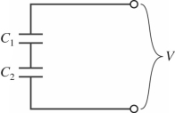 Two capacitors are connected as shown in the figure,with C<sub>1</sub> = 4.0 µF and C<sub>2</sub> = 7.0 µF.If a voltage source V = 90 V is applied across the combination,find the potential difference across C<sub>1</sub>.   A) 57 V B) 36 V C) 60 V D) 9.0 V