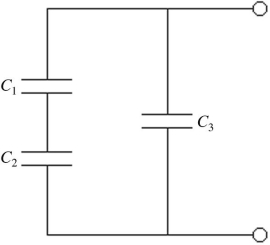 Three capacitors of equal capacitance are arranged as shown in the figure,with a voltage source across the combination.If the voltage drop across C<sub>1</sub> is 10.0 V What is the voltage drop across C<sub>3</sub> ?   A) 20 V B) 10.0 V C) 40 V D) 30 V