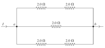Five 2.0-Ω resistors are connected as shown in the figure.What is the equivalent resistance of this combination between points a and b?   A) 1.0 Ω B) 10.0 Ω C) 2.0 Ω D) 6.0 Ω E) 0.40 Ω