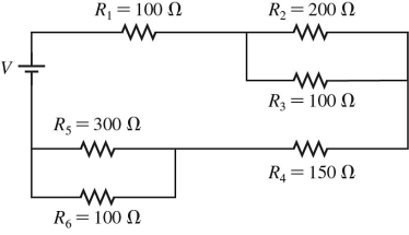 What is the equivalent resistance of the circuit shown in the figure? The battery is ideal and all resistances are accurate to 3 significant figures.   A) 950 Ω B) 450 Ω C) 392 Ω D) 257 Ω