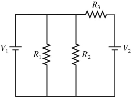 In the circuit shown in the figure,R<sub>1</sub> = 60 Ω,R<sub>2</sub> = 120 Ω,R<sub>3</sub> = 180 Ω,V<sub>1</sub> = 3.0 V,V<sub>2</sub> = 6.0 V,and the batteries are both ideal.What is the current through R<sub>1</sub>?   A) 0.050 A B) 0.030 A C) 0.00 A D) 2.68 A