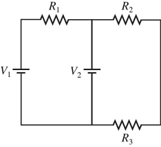 In the circuit shown in the figure,R<sub>1</sub> = 10 Ω,R<sub>2</sub> = 12 Ω,R<sub>3</sub> = 20 Ω,V<sub>1</sub> = 1.0 V,V<sub>2</sub> = 7.0 V,and the batteries are both ideal.What is the current through R<sub>1</sub>?   A) 0.60 A B) 0.80 A C) 0.18 A D) 0.13 A