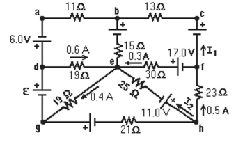 A multiloop circuit is shown in the figure,but some quantities are not labeled.Find the current I<sub>2</sub> if the batteries are ideal.(It is not necessary to solve the entire circuit. )    A) +0.1 A B) +0.3 A C) +0.5 A D) -0.1 A E) -0.3 A