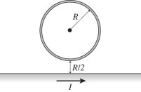 A single current-carrying circular loop of radius R is placed next to a long,straight wire,as shown in the figure.The current I in the wire flows to the right.In which direction must current flow in the loop to produce a net magnetic field of zero at its center?   A) counterclockwise B) clockwise C) It could be either clockwise or counterclockwise. D) The current in the loop should be zero.