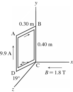 A rigid rectangular loop,measuring 0.30 m by 0.40 m,carries a current of 9.9 A,as shown in the figure.A uniform external magnetic field of magnitude 1.8 T in the -x direction is present.Segment CD is in the xz-plane and forms a 19° angle with the z-axis,as shown.What is the y component of the magnetic force on segment AB of the loop?   A) +5.1 N B) -5.1 N C) +1.7 N D) -1.7 N E) 0.0 N