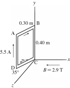 A rigid rectangular loop,measuring 0.30 m by 0.40 m,carries a current of 5.5 A,as shown in the figure.A uniform external magnetic field of magnitude 2.9 T in the -x direction is present.Segment CD is in the xz-plane and forms a 35° angle with the z-axis,as shown.What is the magnitude of the torque that the magnetic field exerts on the loop?   A) 1.1 N ∙ m B) 0.73 N ∙ m C) 1.3 N ∙ m D) 1.4 N ∙ m E) 1.6 N ∙ m