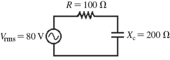 As shown in the figure,an ac source whose rms voltage is 80 V is in series with a 100-Ω resistor and a capacitor whose reactance is 200 Ω at the frequency of the source.What is the rms voltage across the capacitor?   A) 66 V B) 68 V C) 70 V D) 72 V E) 74 V
