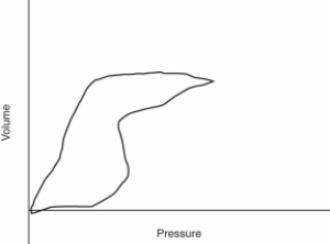 On the basis of the following pressure-volume loop,what ventilator setting change should the therapist make?   A) Check the inflation pressure on the endotracheal tube cuff. B) Increase the pressure limit. C) Increase the delivered tidal volume. D) Increase the inspiratory flow.