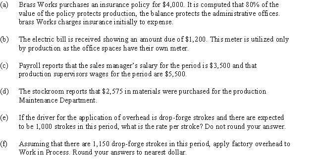 The Brass Works is in the process of determining manufacturing overhead.Journalize events (a)- (d)to Factory Overhead,Administrative Expenses,Selling expenses,or allocated between the three as appropriate.All items were paid in cash at the time of acquisition.Next calculate the overhead application rate and apply overhead to Work in Process. ​    Round overhead rate to four decimal places and total cost to nearest dollar.