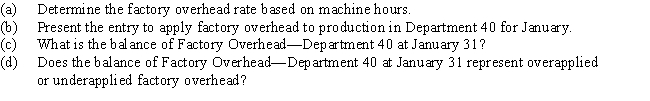 The estimated total factory overhead cost and total machine hours for Department 40 for the current year are $250,000 and 56,250,respectively.During January,the first month of the current year,actual machine hours used totaled 5,100 and factory overhead cost incurred totaled $22,000. ​    Round total cost to nearest dollar value.