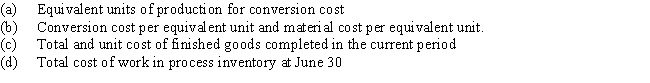 The inventory at June 1 and costs charged to Work in Process-Department 60 during June are as follows: ​    During June,32,000 units were placed into production and 31,200 units were completed,including those in inventory on June 1.On June 30,the inventory of work in process consisted of 4,600 units which were 40% completed.Inventories are costed by the average cost method and all materials are added at the beginning of the process. Determine the following,presenting your computations:   