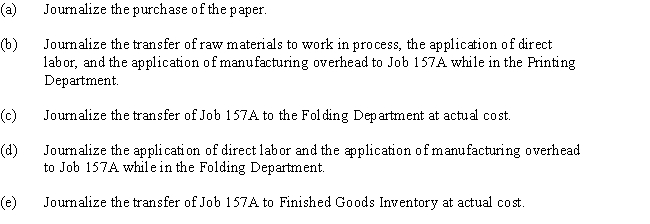 On November 2,Newsprint Manufacturing purchases 5 rolls of paper on account at $125 per roll for use within the production process.On November 5,4 rolls of this paper are issued to Job 157A in the Printing Department.The Printing Department records $675 in direct labor and $1,150 of factory overhead to Job 157A.On November 8,Printing transfers Job 157A to the Folding Department.The Folding Department applies $450 in direct labor and $655 in factory overhead to Job 157A.Job 157A is transferred to Finished Goods inventory on November 9.   
