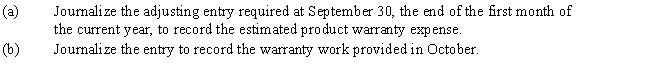 Nelson Industries warrants its products for one year.The estimated product warranty is 4.3% of sales.Sales were $475,000 for September.In October,a customer received warranty repairs requiring $215 of parts and $65 of labor. ​ ​    ​