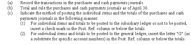 The following are selected transactions related to purchases on account and cash payments completed during April of the current year.​   ​   ​  