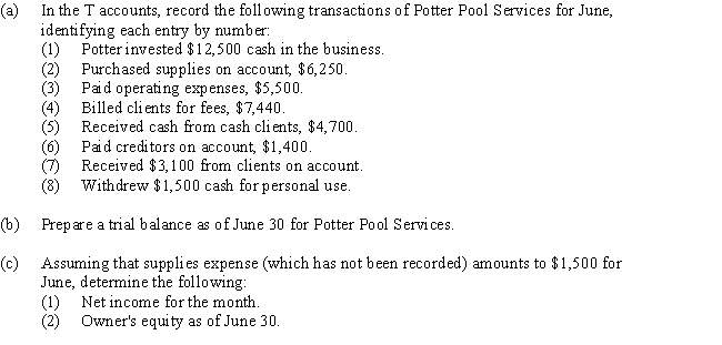 Set up T accounts for Cash; Accounts Receivable; Supplies; Accounts Payable; Clay Potter,Capital; Clay Potter,Drawing; Professional Fees; and Operating Expenses.  