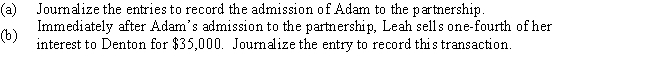 Kala and Leah,partners in Best Designs,have capital balances of $40,000 and $60,000,respectively.Adam joins the partnership by buying one-half of Kala's interest for $30,000.In addition,because of Adam's outstanding sales skills,the partners agree to increase his interest to 40% if he invests another $10,000.The income-sharing ratio of Kala,Leah,and Adam is 4:3:1.​  