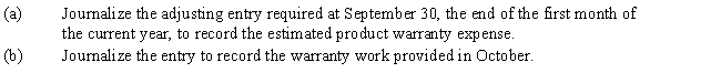 Nelson Industries warrants its products for one year.The estimated product warranty is 4.3% of sales.Sales were $475,000 for September.In October,a customer received warranty repairs requiring $215 of parts and $65 of labor.​​​  
