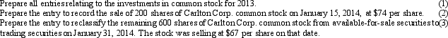 In 2013, Kentucky Inc.purchased stock as follows: At December 31, 2013, the market values of the securities were as follows: The investments in common stock are classified by Kentucky Inc.as available-for-sale securities accounted for by the cost method.The fiscal year of Kentucky ends on December 31.