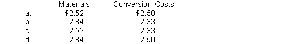 Crawford Company has the following equivalent units for July: materials 20,000 and conversion costs 18,000. Production cost data are:   The unit production costs for July are:  <div style=padding-top: 35px> 