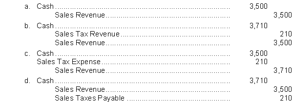 A cash register tape shows cash sales of $3,500 and sales taxes of $210. The journal entry to record this information is  